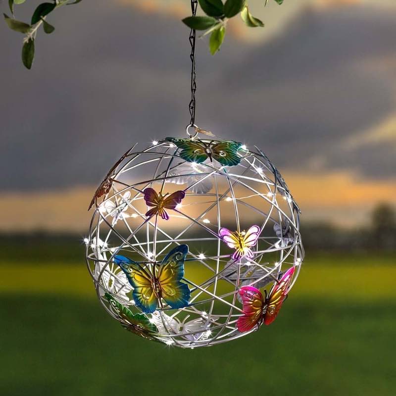 Solar Lighted Hanging Mesh Orb with Colorful Butterflies