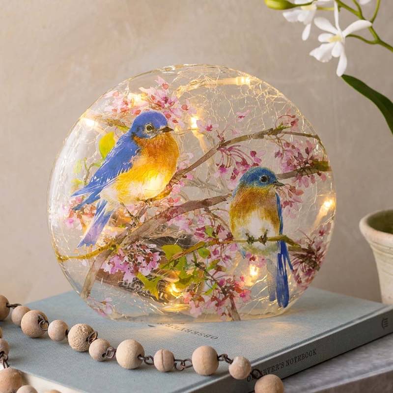 Lighted Bluebirds on Redbud Branches Crackled Glass Tabletop Art