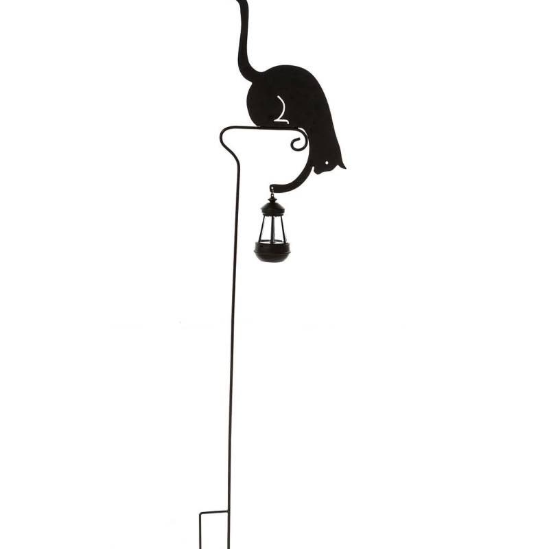 Black Metal Silhouette Garden Stake of Cat Holding a Solar-Powered Lantern