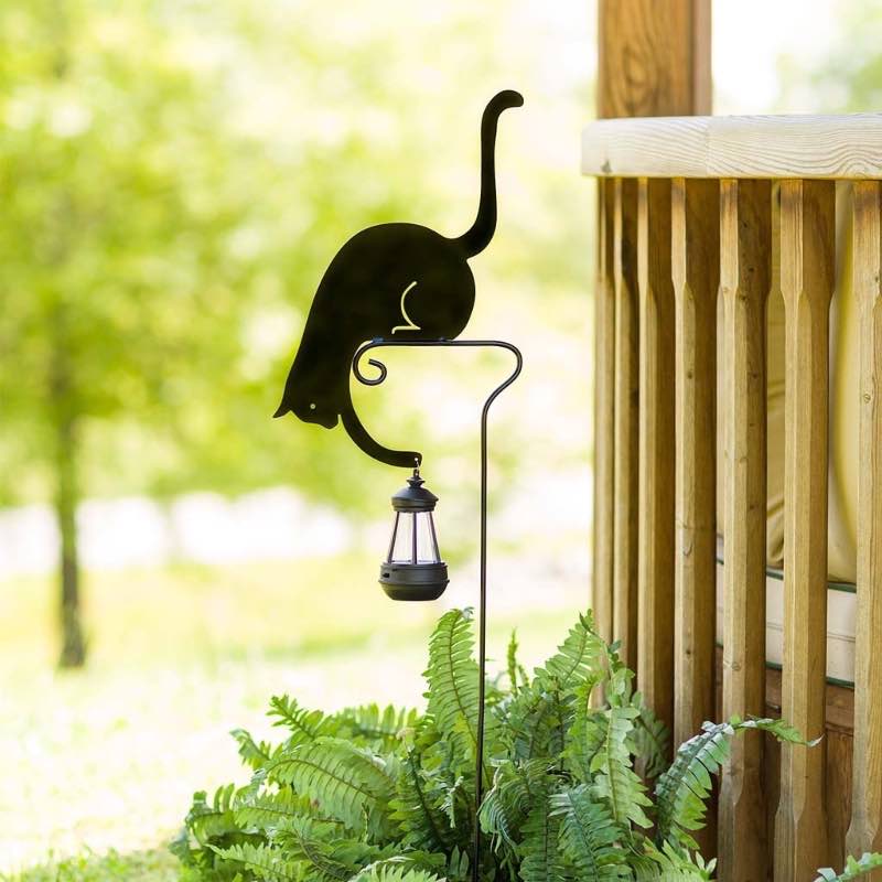 Black Metal Silhouette Garden Stake of Cat Holding a Solar-Powered Lantern