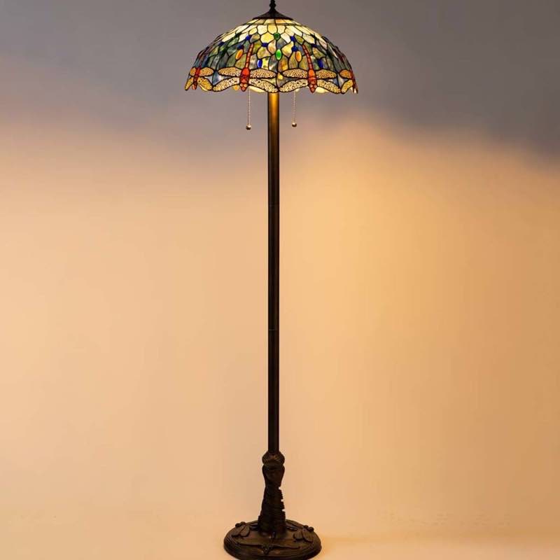 Tiffany-Style Stained Glass Floor Lamp with Dragonfly Motif and Metal Base