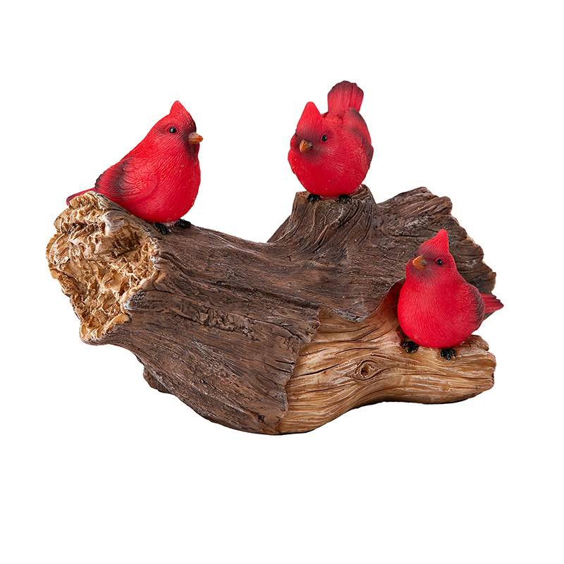 Solar-Lighted Three Cardinals on a Log Outdoor Sculpture