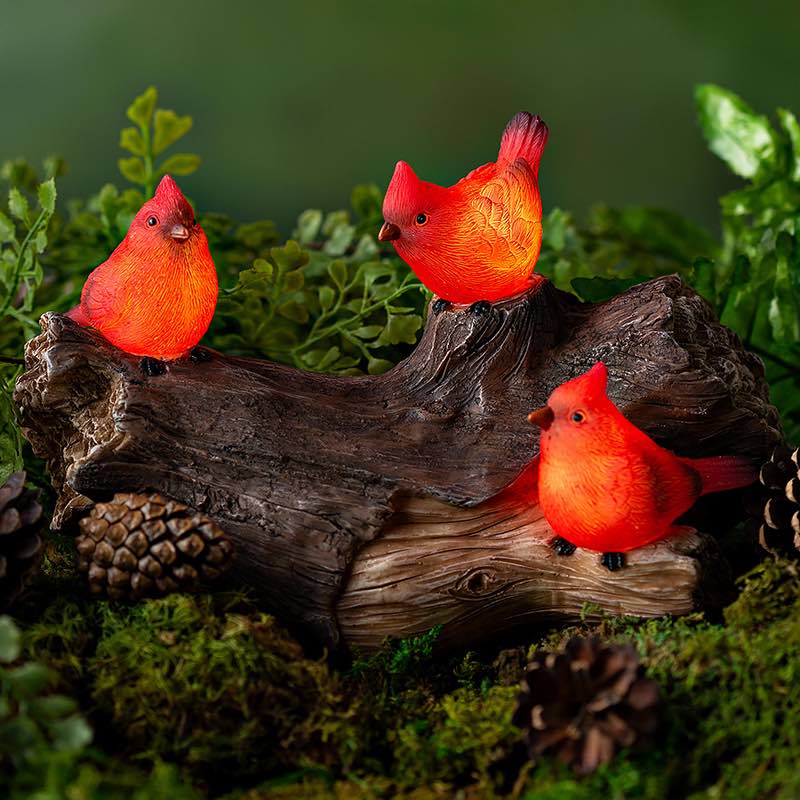 Solar-Lighted Three Cardinals on a Log Outdoor Sculpture