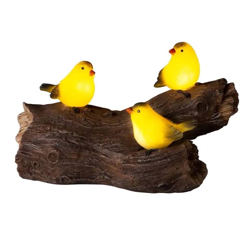 Solar Lighted Yellow Finches on a Log Garden Sculpture