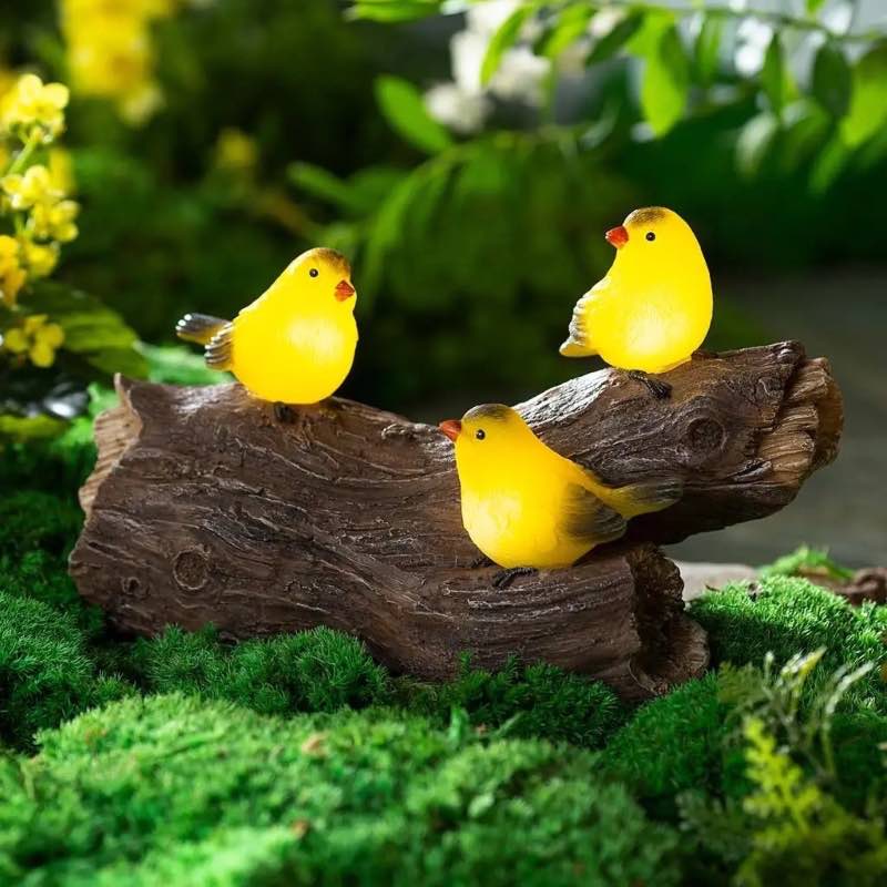 Solar Lighted Yellow Finches on a Log Garden Sculpture