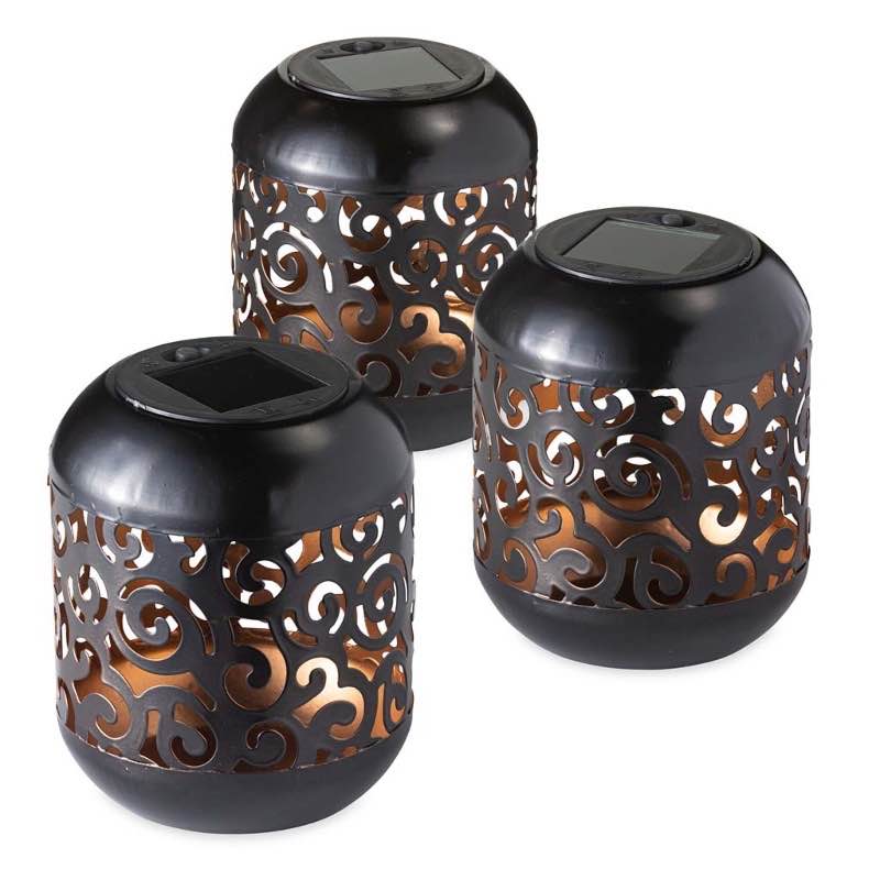 Laser-Cut Solar-Powered Metal Cylinder Lights, Set of 3 - Scroll