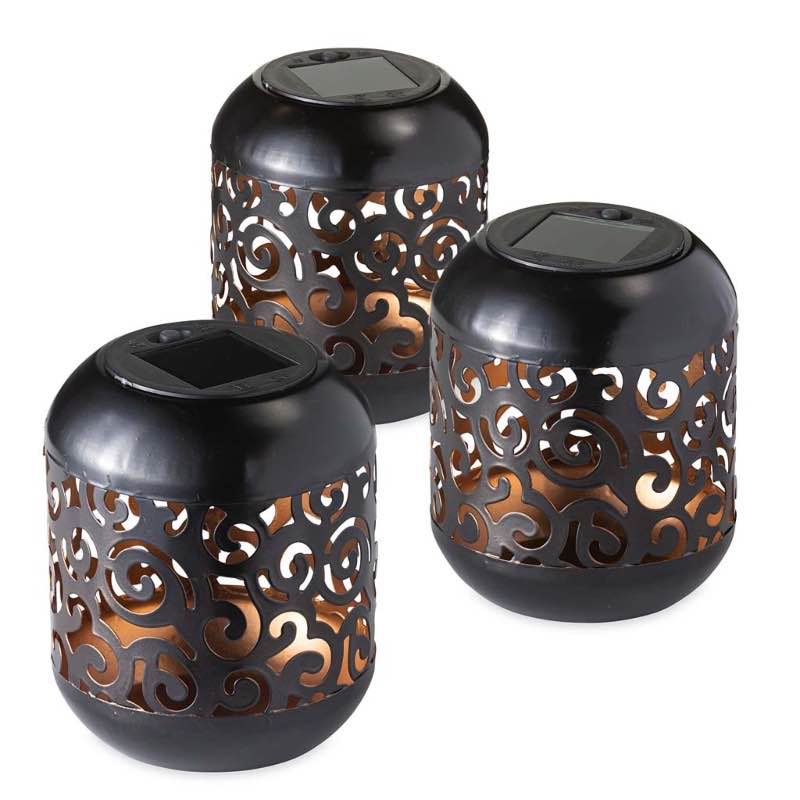 Laser-Cut Solar-Powered Metal Cylinder Lights, Set of 3 - Scroll