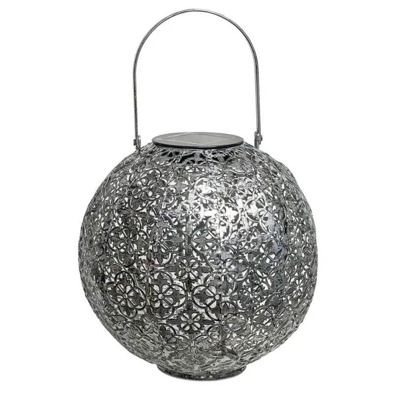 Laser-Cut Spherical Metal Solar Lantern with Handle - Silver