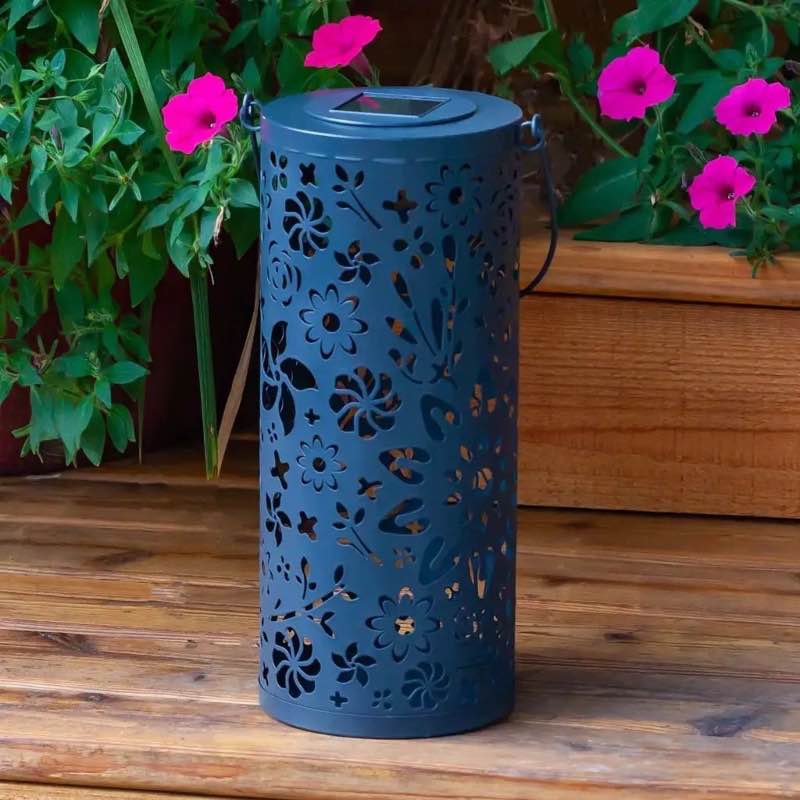 Punched Metal Bloom Solar Lantern with Handle White - Blue