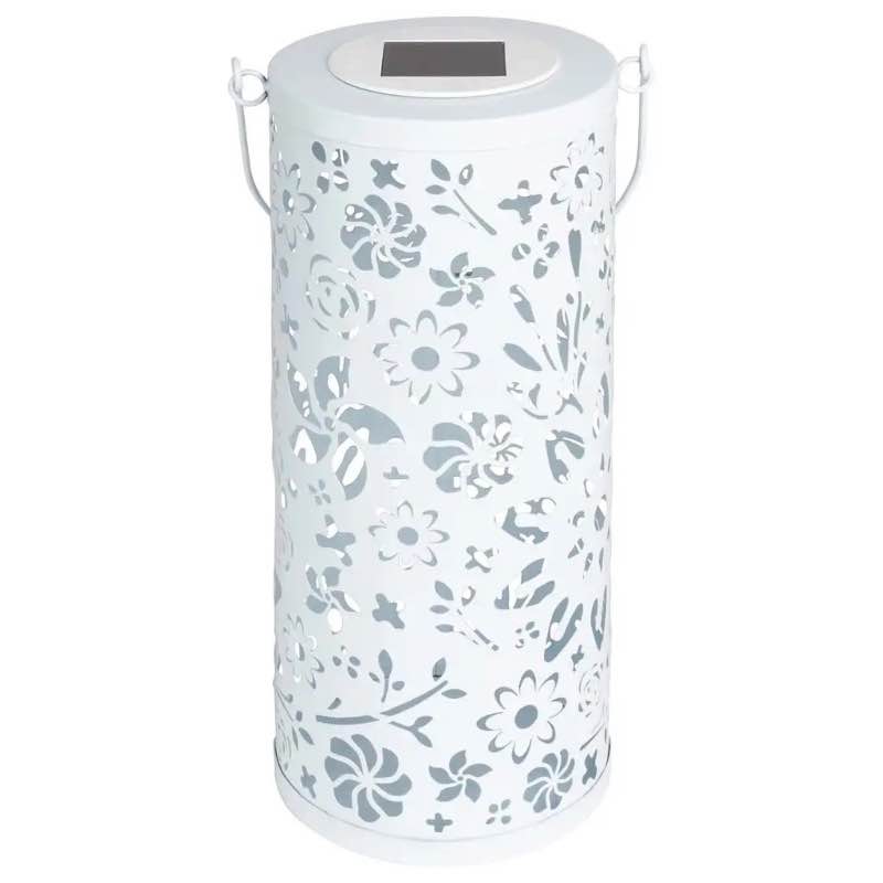 Punched Metal Bloom Solar Lantern with Handle White - White