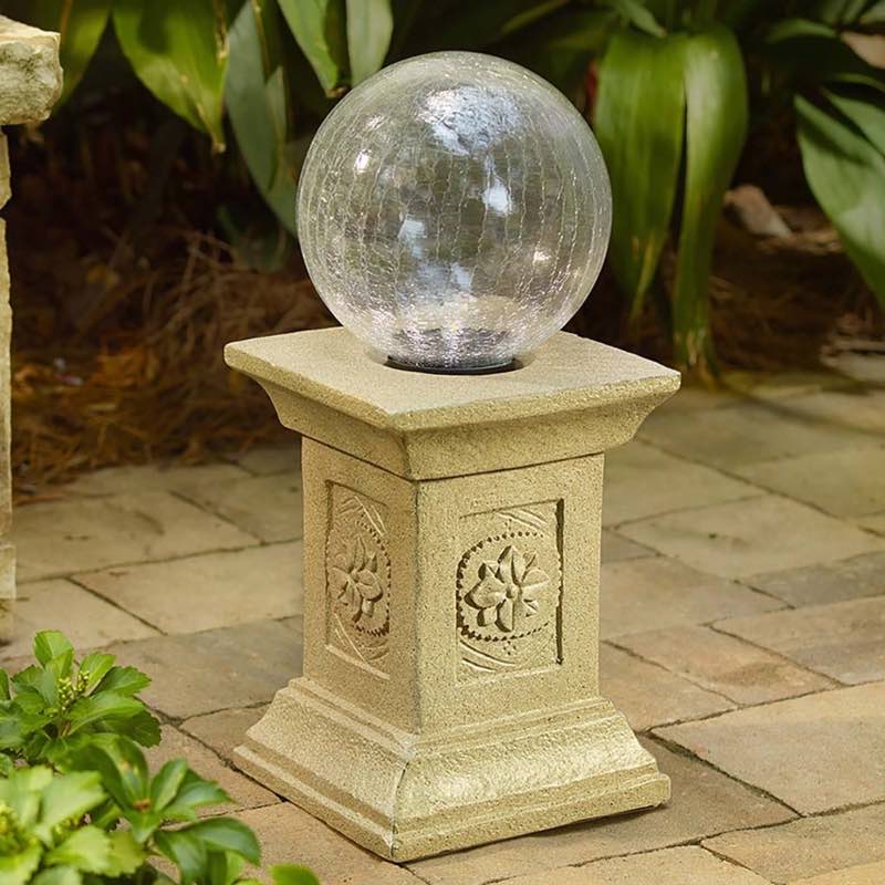 Solar Crackled Glass Gazing Ball with Concrete Tuscan Stand