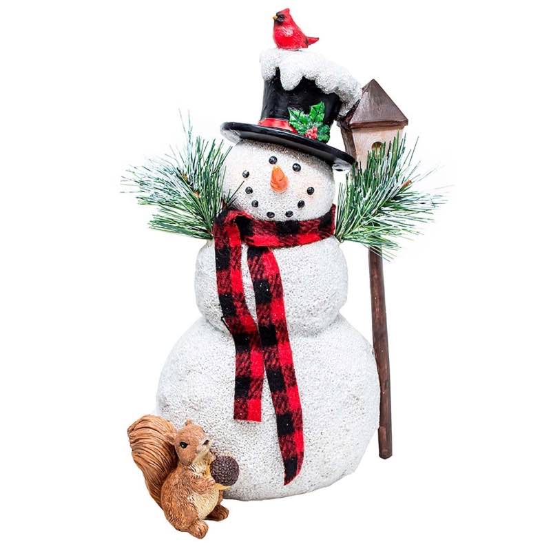 Happy Snowman with Squirrel and Birdhouse Statue