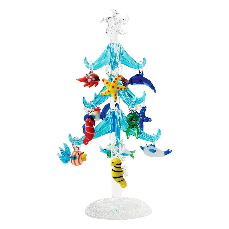 Blue Glass Tabletop Tree with Sea Life Ornaments Set