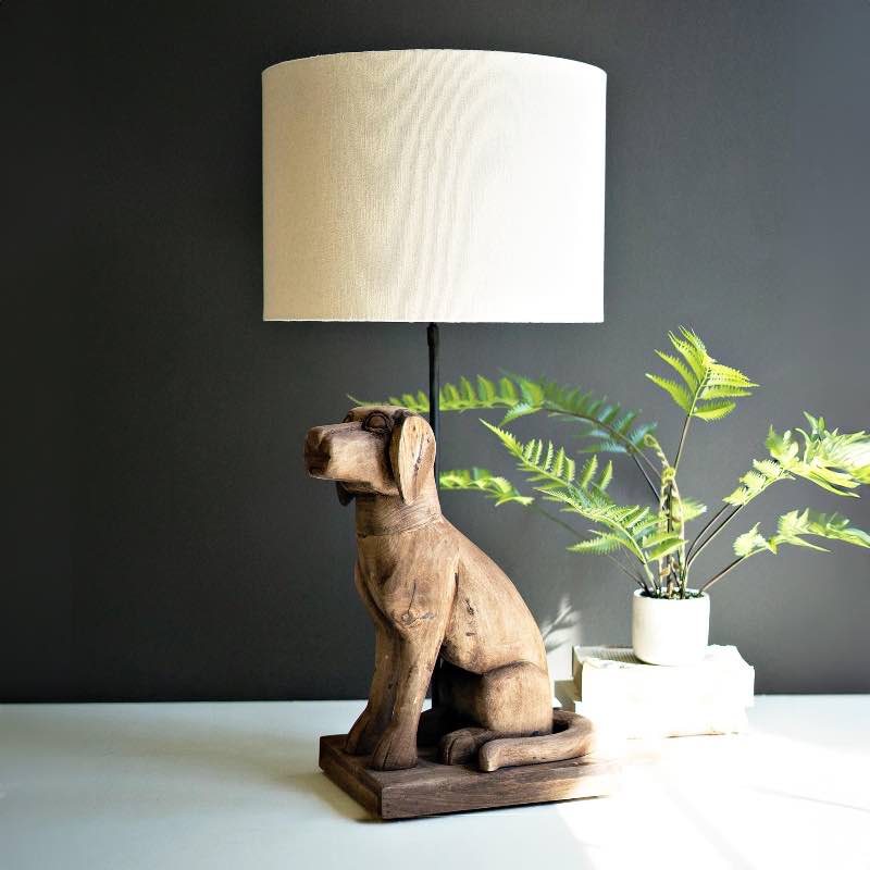 Wooden Dog Lamp with Lampshade