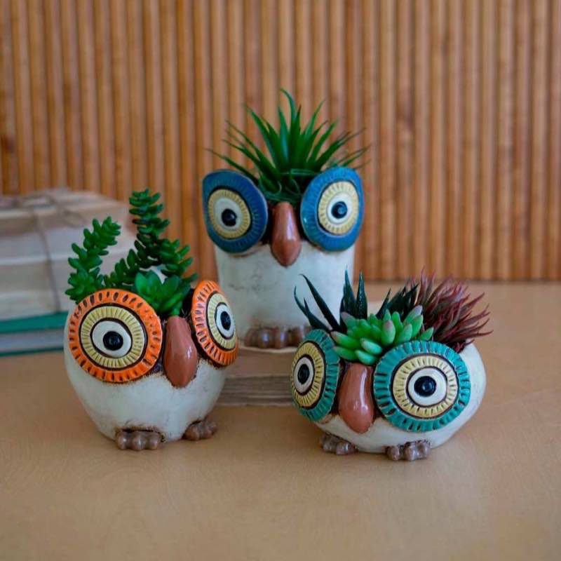 Ceramic Owl Planters, Set of 3