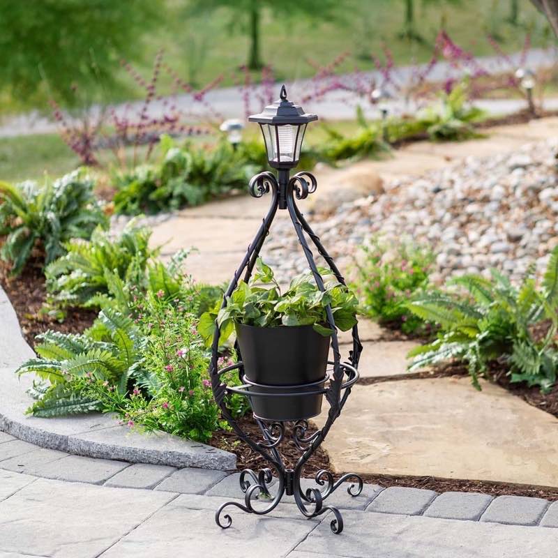 Black Wrought Iron Plant Stand with Solar Light