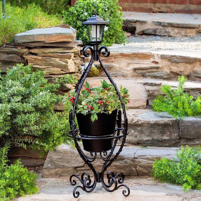 Black Wrought Iron Plant Stand with Solar Light