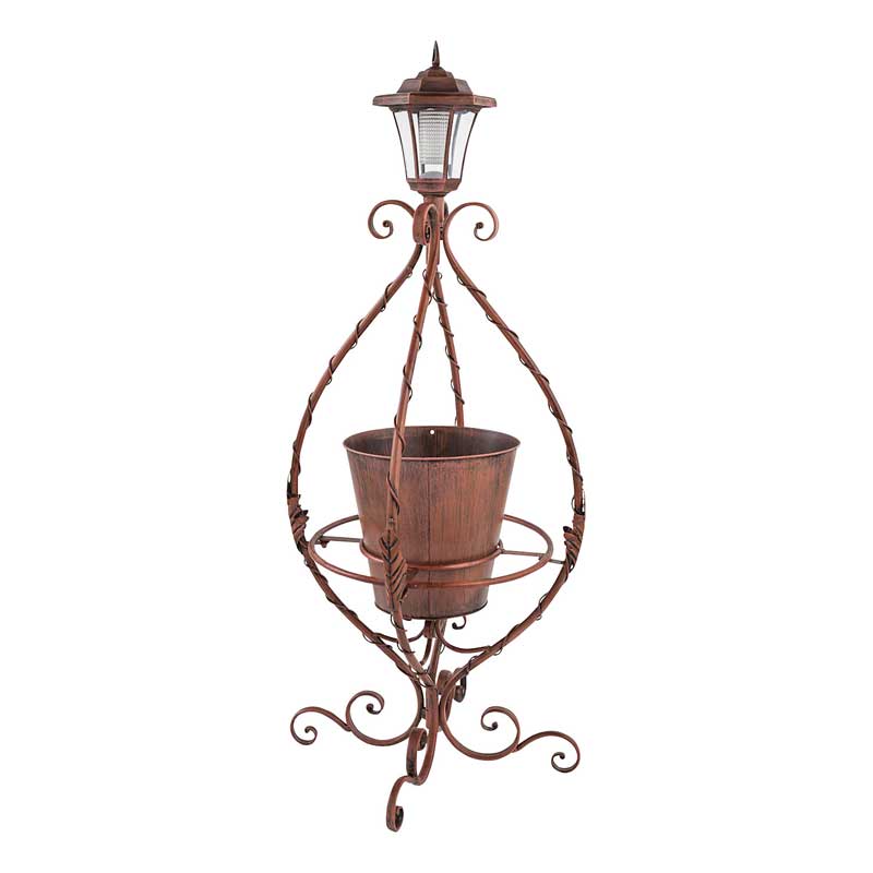 Antiqued Wrought Iron Plant Stand with Solar Light