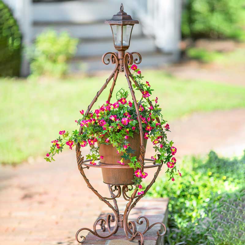 Antiqued Wrought Iron Plant Stand with Solar Light