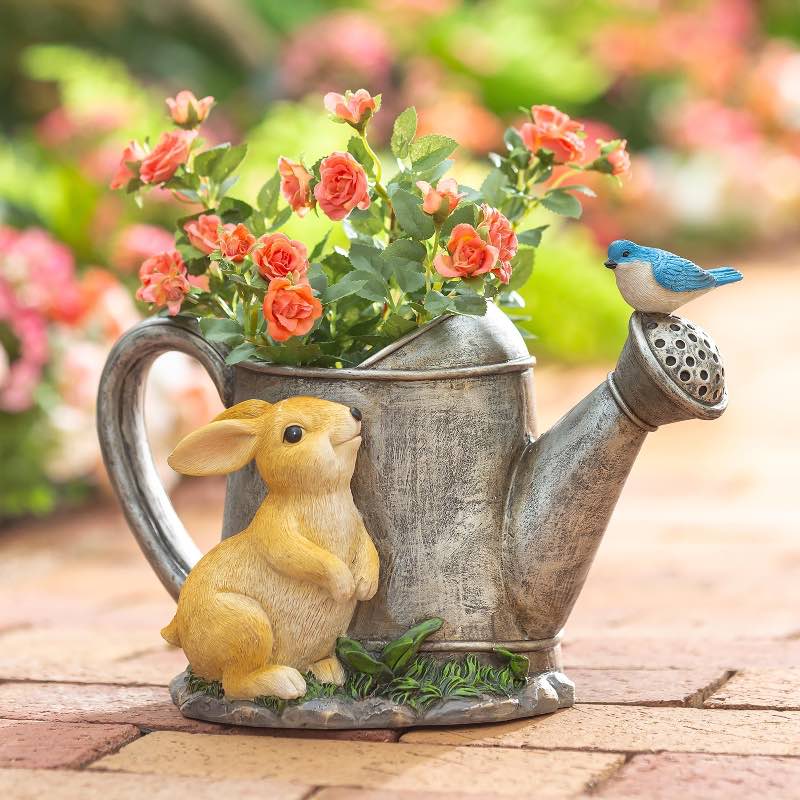 Resin Watering Can Planter with Visiting Bunny and Bluebird