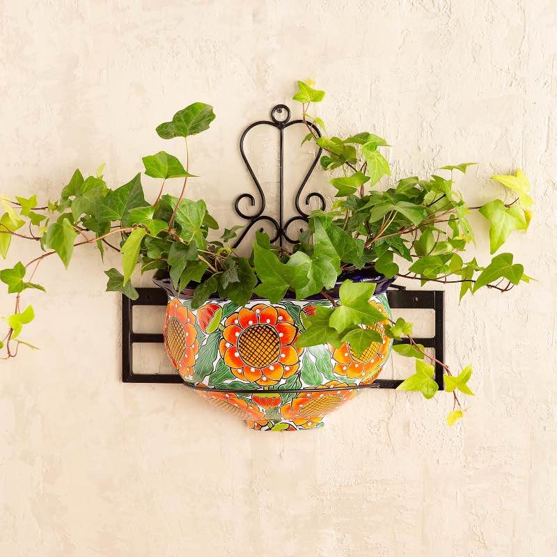 Gardenia Talavera-Style Wall Planter with Metal Wall Hanger Set