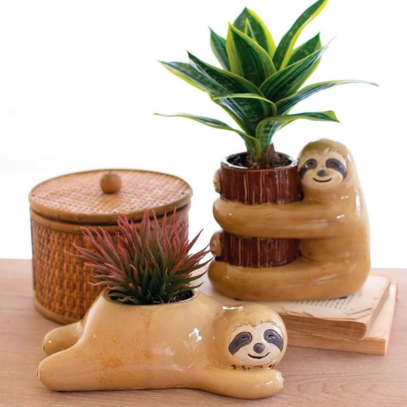 Whimsical Ceramic Smiling Sloth Planters, Set of 2