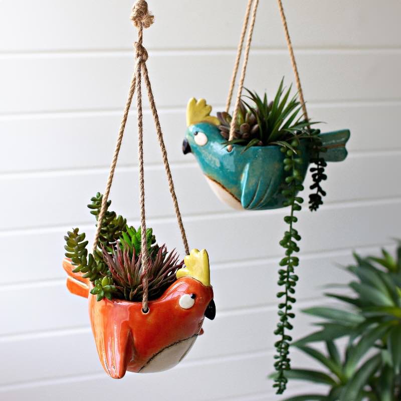 Ceramic Bird Hanging Planters, Set of 2