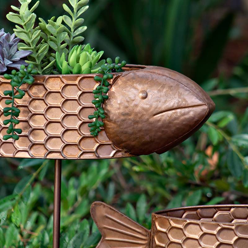 Copper Finish Metal Fish Stake Planters