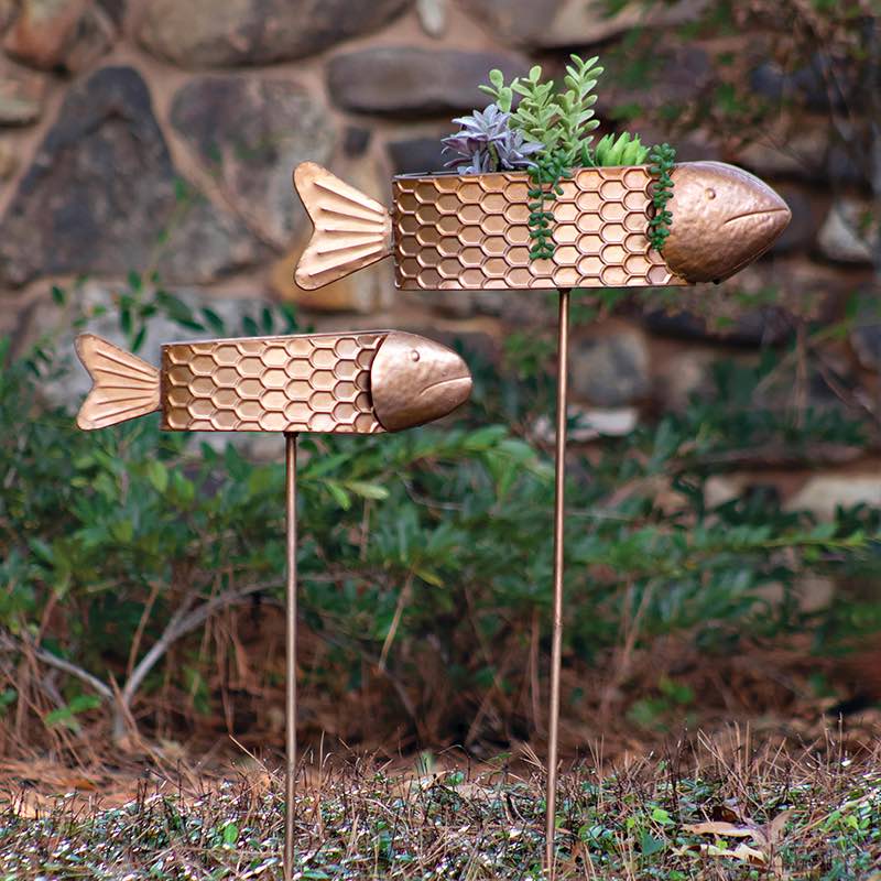 Copper Finish Metal Fish Stake Planters