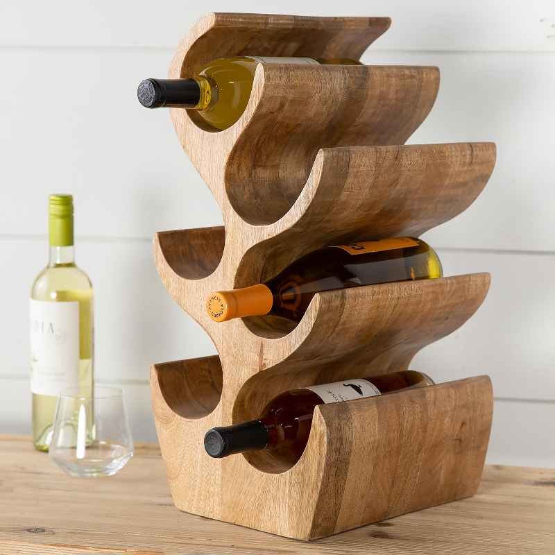 Handcrafted Sculptural Mango Wood 6-Bottle Wine Rack