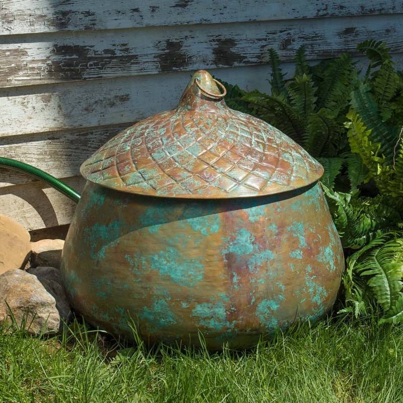 Verdigris Acorn Pot for Storing Garden Hose