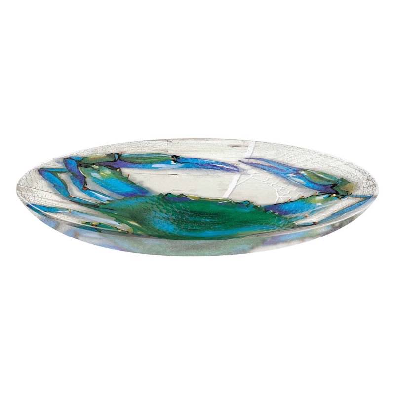 Hand Painted Blue Crab Embossed Glass Birdbath Basin