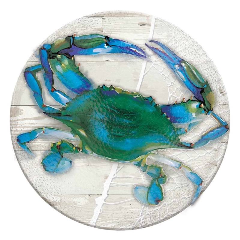 Hand Painted Blue Crab Embossed Glass Birdbath Basin