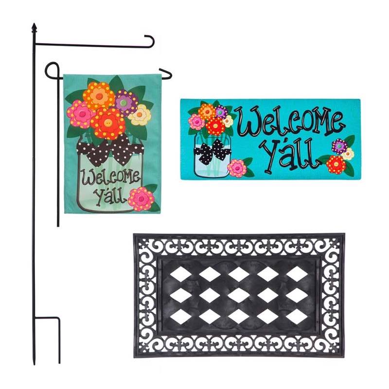 Welcome Y'all Burlap Garden Flag and Sassafras Mat Set