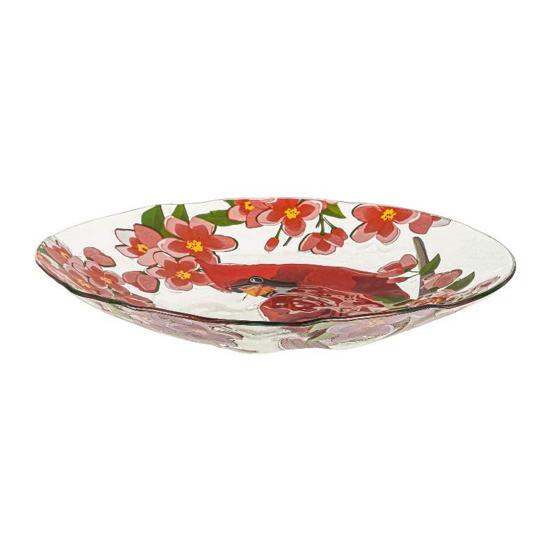 Cardinal and Flowers Glass Birdbath