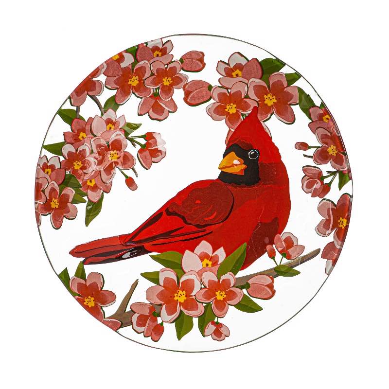 Cardinal and Flowers Glass Birdbath