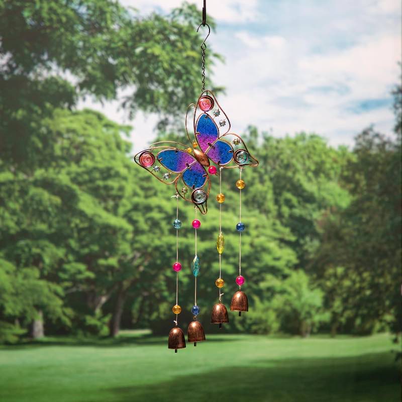 Metal and Glass Butterfly Wind Chime with Bells