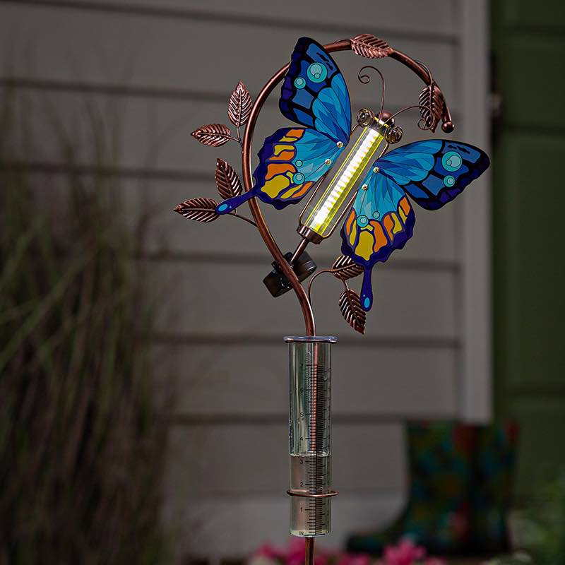 Blue Butterfly Solar Rain Gauge Stake