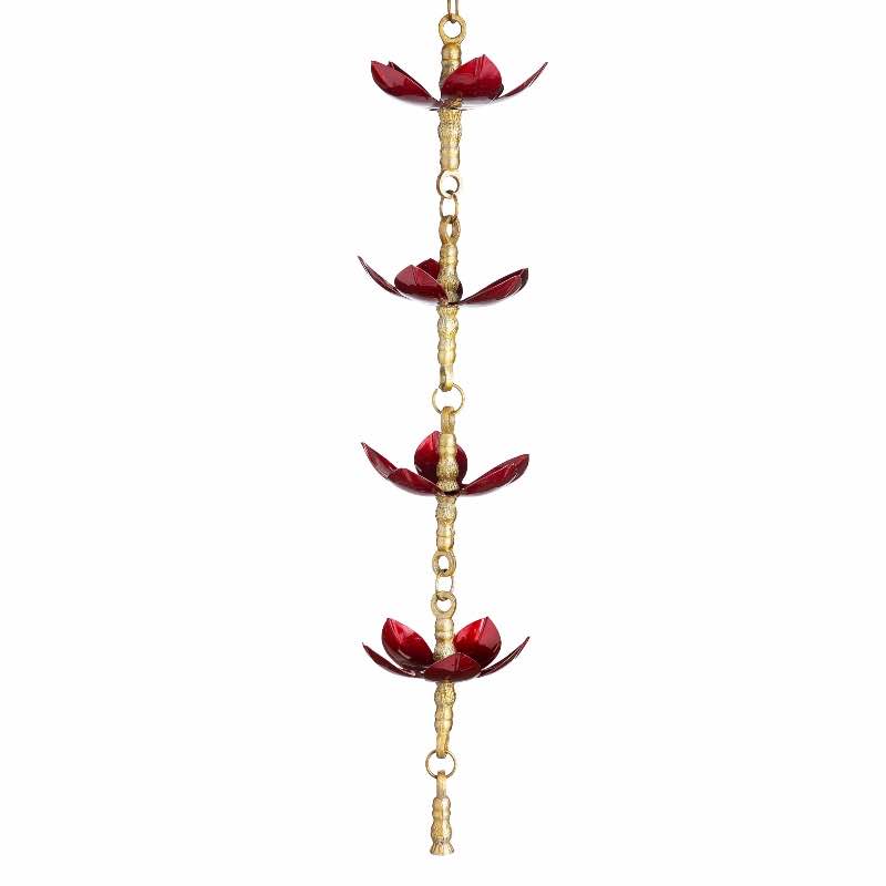 Handcrafted Steel and Aluminum Flower Rain Chain in Brass and Metallic Red Colors