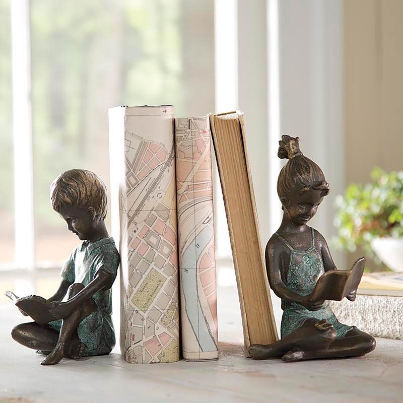 Cast Iron Reading Children Bookends with Bronze and Patina Finish, Set of 2