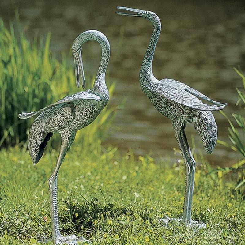 Preening Crane Metal Yard Sculptures, Set of 2