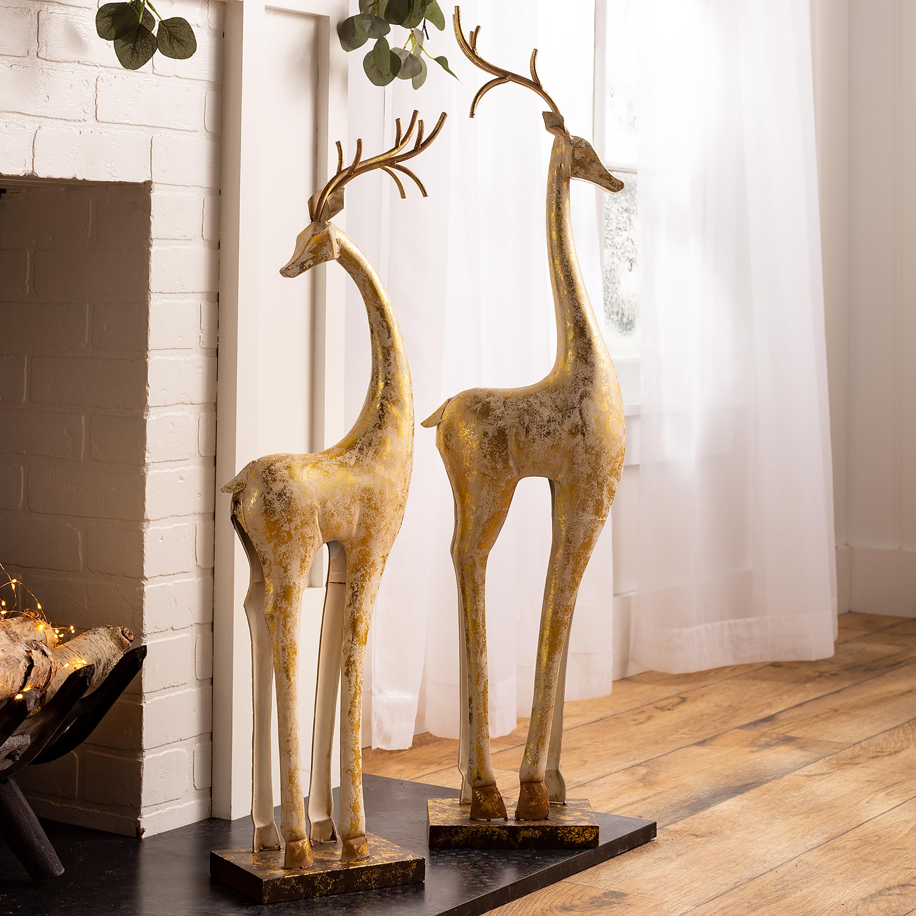 Gold and White Painted Iron Deer Statues, Set of 2