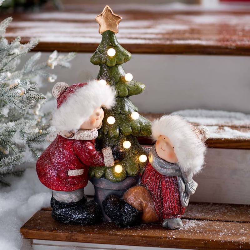 Indoor/Outdoor Children with Lighted Christmas Tree Sculpture