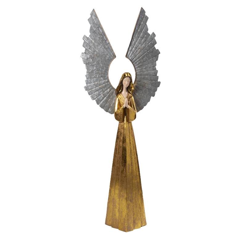 Large Golden Angel with Raised Metal Wings and Praying Hands