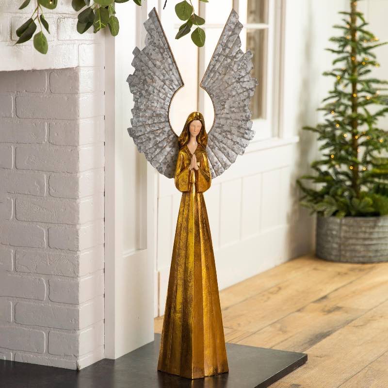 Large Golden Angel with Raised Metal Wings and Praying Hands