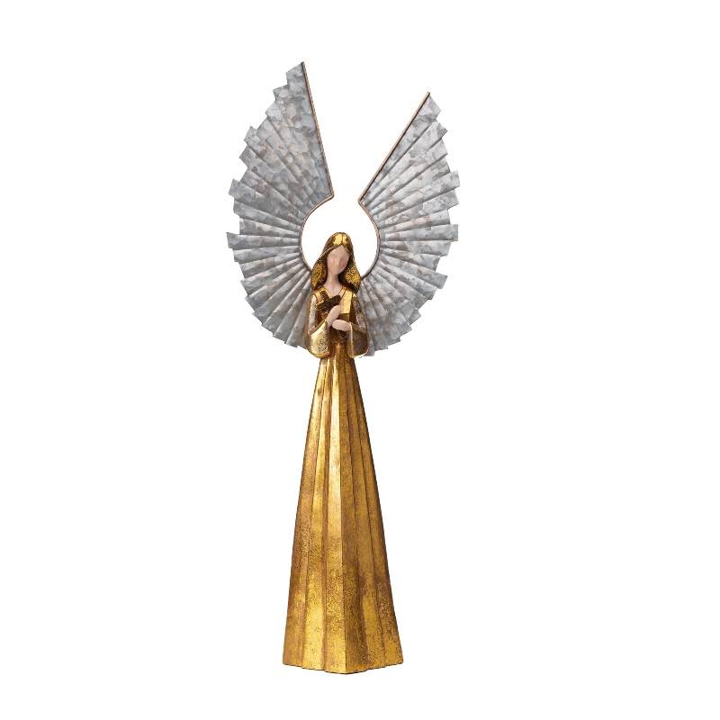 Small Golden Angel with Raised Metal Wings and Holding a Cross