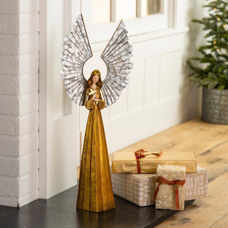 Small Golden Angel with Raised Metal Wings and Holding a Cross