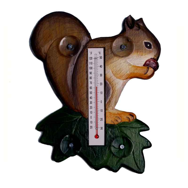 Squirrel on Leaf Wooden Window Thermometer