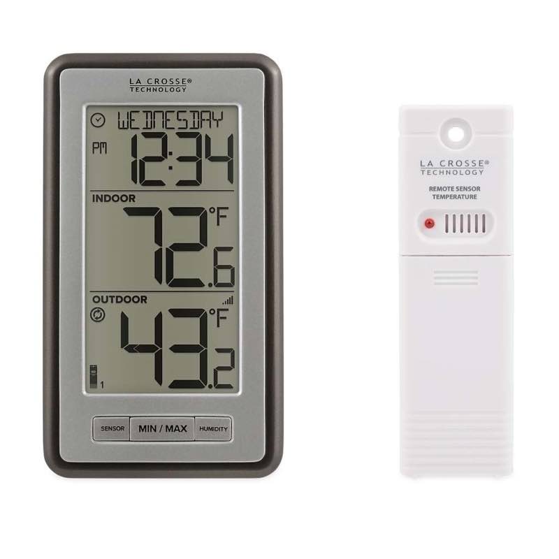 Compact Monochrome Digital Thermometer with Remote Outdoor Sensor