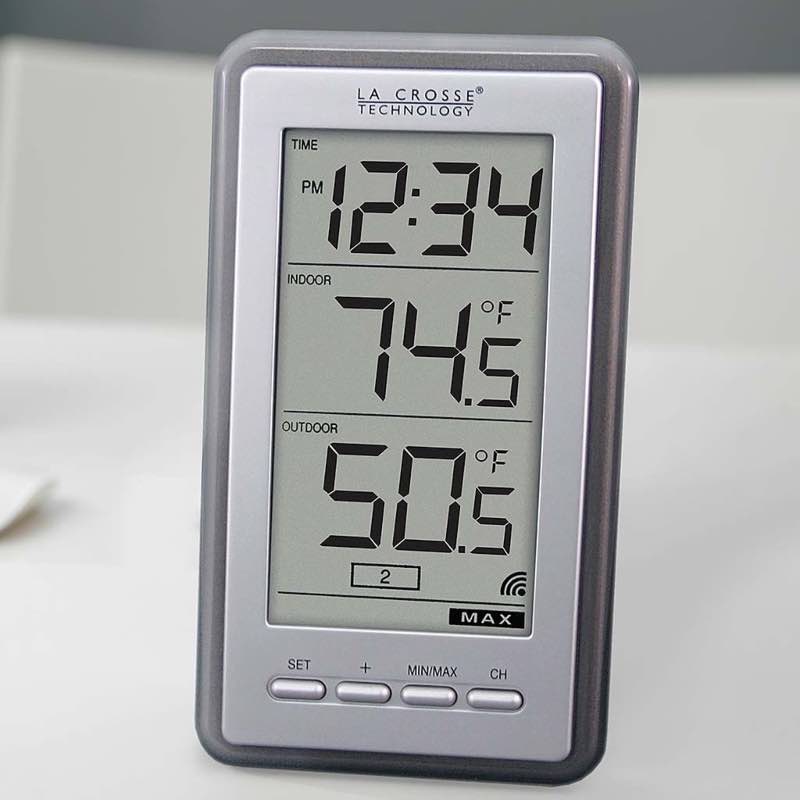 Compact Monochrome Digital Thermometer with Remote Outdoor Sensor